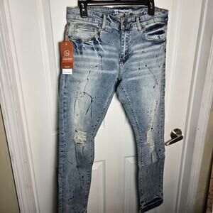 NWT Crysp Denim Men's Distressed Vintage Wash Paint Splatter Skinny Jeans 32/32